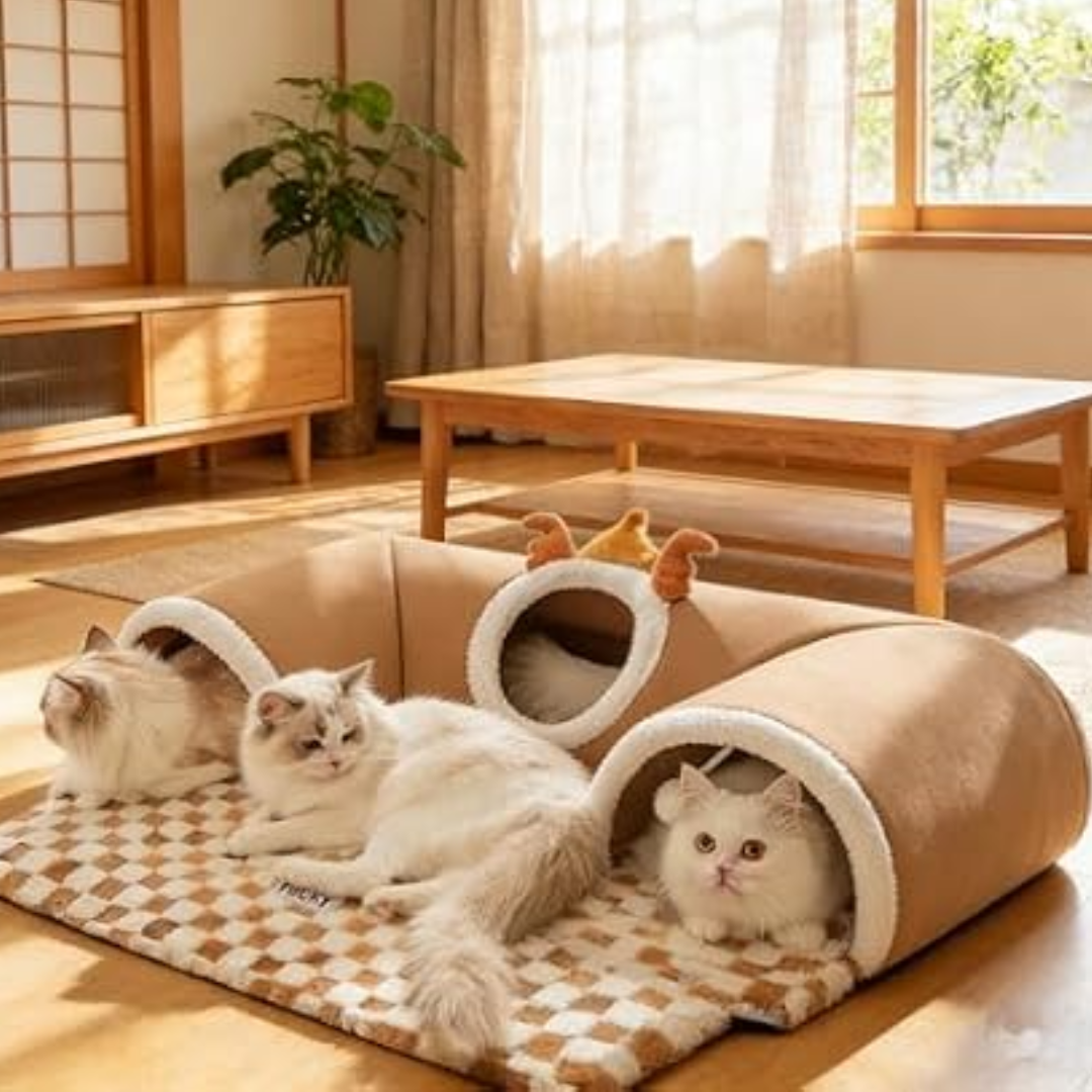 Indoor Tunnel Cat Bed w/ Plush Mat