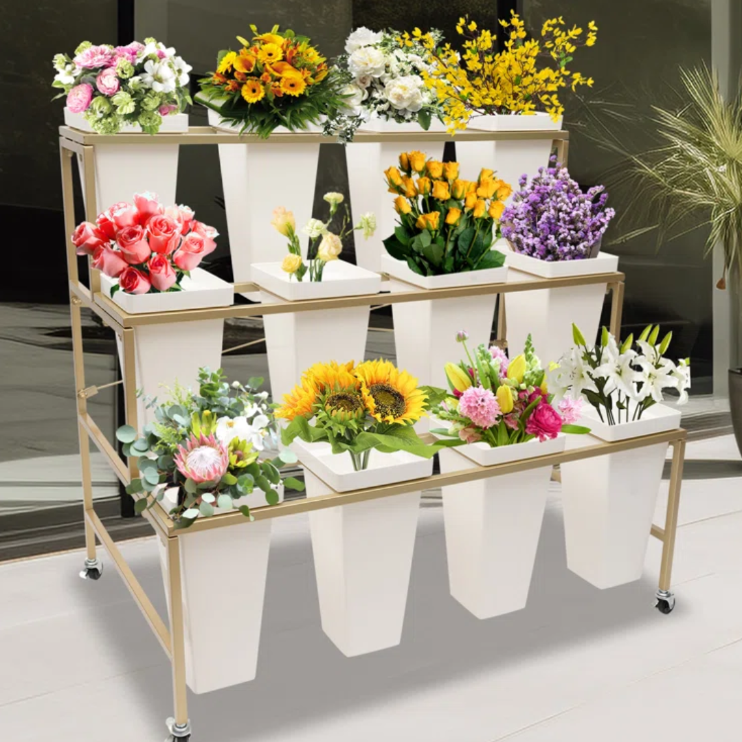Metal 3-Layer Flower Stand w/ Buckets