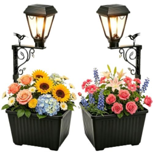 2-Pack Solar Lamp Post Light & Planter