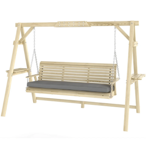 Wooden 3-Seat Cushion Porch Swing w/Side Trays