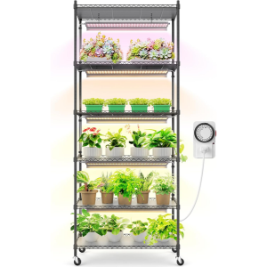 Indoor 6-Tier Metal Plant Stand w/Grow Lights