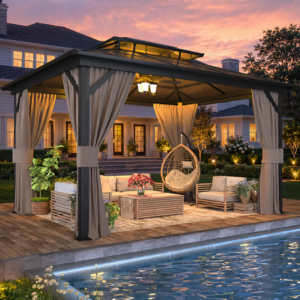 Double Roof 13' Hardtop Gazebo w/Curtains