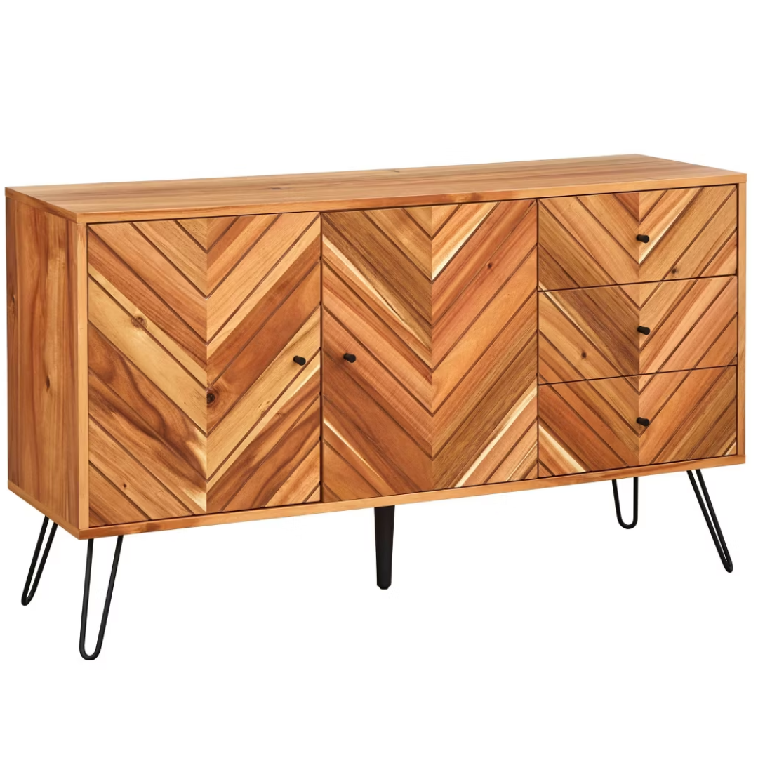 Mid-Century 2-Door Oak Modern Chevron Buffet
