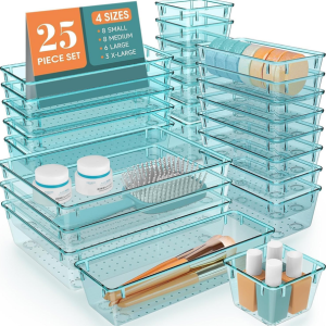 25-Piece Clear Plastic Drawer Organizer Set