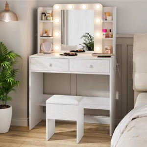 2-Drawer Vanity Desk w/Mirror, Lights, Outlets & Stool