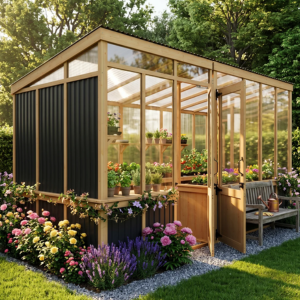 2-Room Cedar Greenhouse & Tool Shed Combo