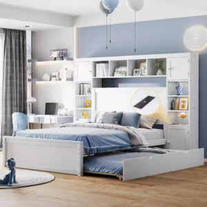 Wood Full Platform Bed w/Storage, Twin Trundle, USB & Drawers