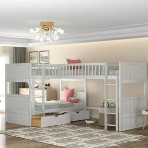 Euroco L-Shaped Twin-over-Twin Kid's Wood Bunk Bed w/Storage &  Ladder