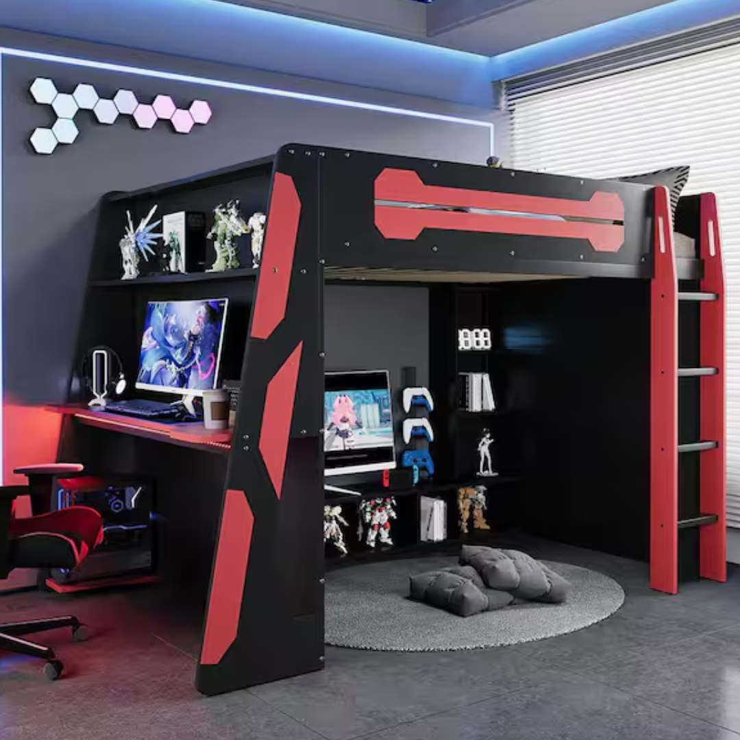 Red Full Wood Loft Bed w/Desk