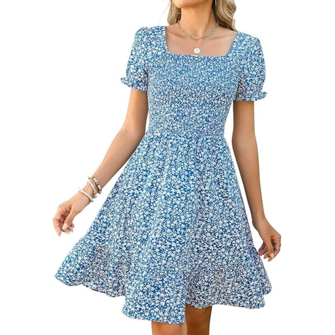 Lyrur Women's Floral Square Neck Summer Dress