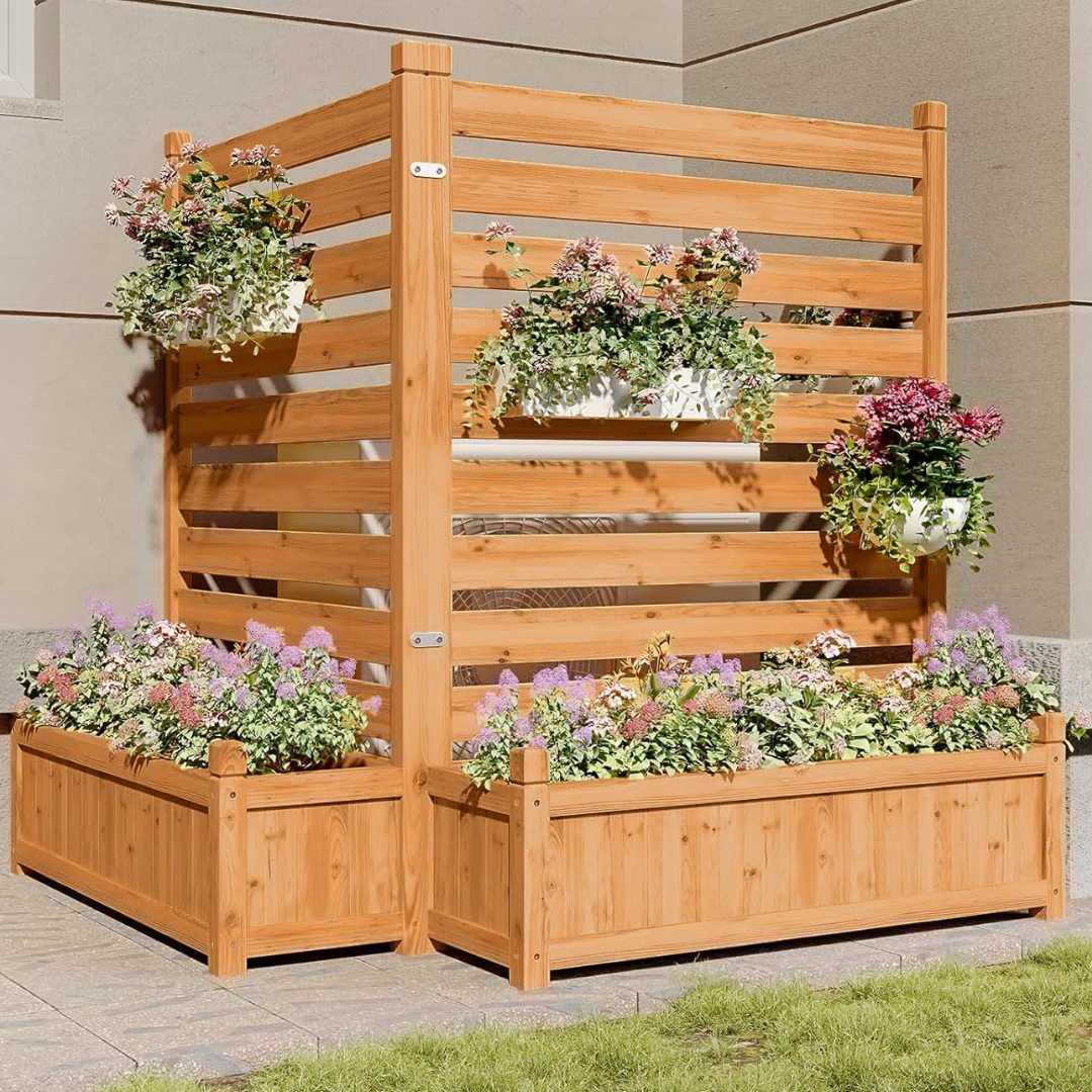 Wood 2-Panel Privacy Screen w/ Planter Box