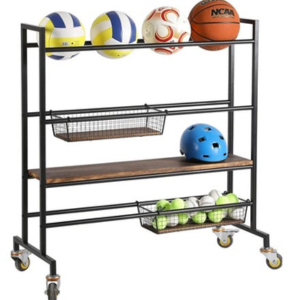 Heavy Duty Metal Sports Equipment Rolling Rack w/Wood Shelves