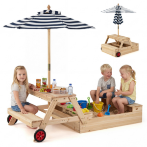 Wood Sandbox/Picnic Table w/Foldable Umbrella
