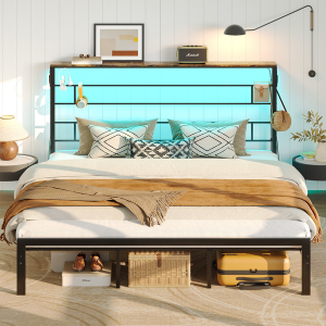 Bestier King Metal LED Bed Frame w/Headboard Shelf
