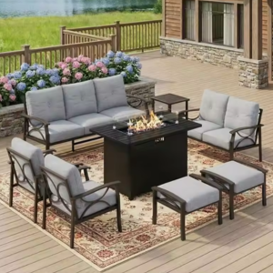 8-Piece Cushioned Metal Patio Sectional w/Fire Pit Table