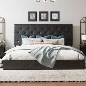 Upholstered Queen Faux Linen Platform Bed w/Storage Drawers