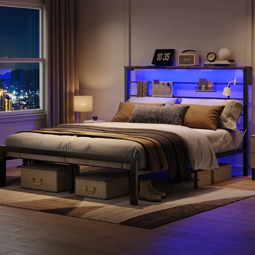 Bestier Queen Bed Frame w/LED Storage Headboard