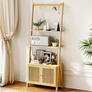 4-Tier Bamboo Bookshelf Ladder w/6-Hooks