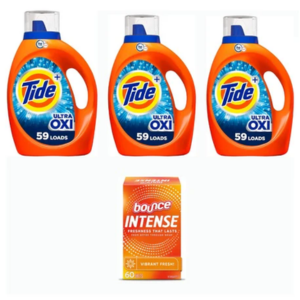 Tide 3-Pack Liquid Laundry Detergents + Bounce Dryer Sheets Box