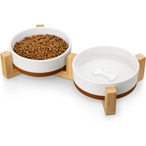 2-Pack Ceramic Dog Bowls w/Wood Stand
