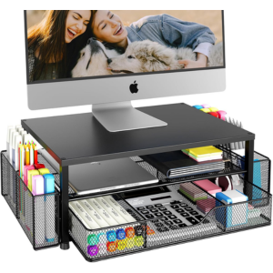 2-Tier Adjustable Monitor Stand Riser w/Pen Holders & Drawer