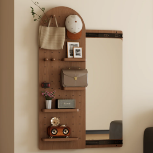 Wood Wall-Mount Sliding Mirror w/Pegboard Storage