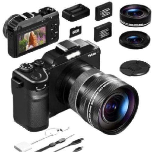 WiFi 5K 64MP Digital Camera w/64GB Micro Card, Lens & Card Reader