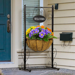 Hanging Basket Planter Stand w/Welcome Sign