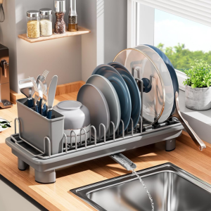 Dish Drying Rack w/Utensil Holder & Drain Outlet