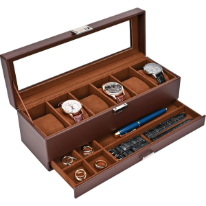 6-Slot Watch Display Case w/Drawer & Glass Lid