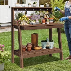 3-Tier Wood Potting Bench w/Storage & Hooks