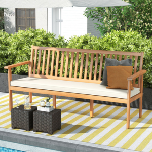 Outdoor 3-Seat Wood Bench w/Cushion